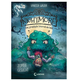 Auf dem Cover von "Nightmore: Zombie Gesucht" wird ein verängstigter Junge von einem grünen Monster gepackt.