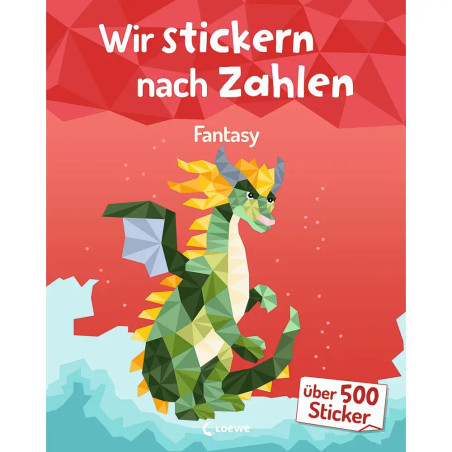 Buchcover mit polygonalem Drachen auf rotem Hintergrund, deutschem Text und Label "über 500 Sticker".