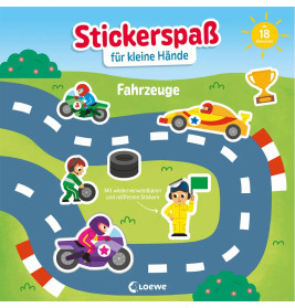Illustration mit Rennwagen, Motorrad, Cartoon-Fahrern und Pokal auf der Strecke; deutscher Text auf dem Cover.