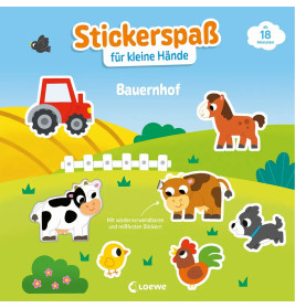 Illustration: Bauernhof mit Traktor, Zaun, Pferd, Kuh, Schaf, Huhn, Küken und Blumen auf einer Wiese.