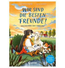 Hund, Schaf, Fuchs und Ente lesen draußen bei hellem Himmel gemeinsam ein Buch mit deutschem Umschlag.