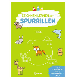 Grünes Buchcover mit Cartoon-Tieren, Titel: Zeichnen lernen mit Spurrillen: Tiere (auf Deutsch).