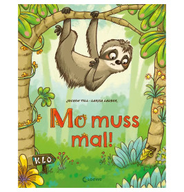 Ein Faultier hängt kopfüber an einem Ast in einer bunt illustrierten Dschungelszene.