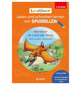 Buntes Kinderbuchcover mit Cartoon-Dinosauriern, Titel: Leselöwen - Abenteuer im Land der Dinos.