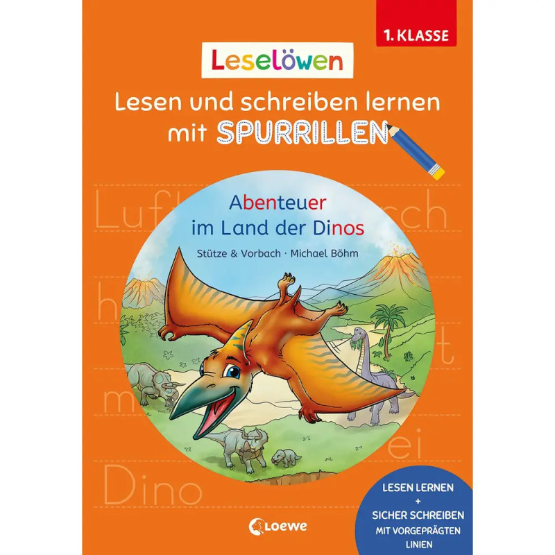 Buntes Kinderbuchcover mit Cartoon-Dinosauriern, Titel: Leselöwen - Abenteuer im Land der Dinos.