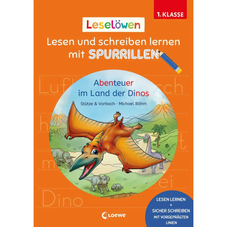 Buntes Kinderbuchcover mit Cartoon-Dinosauriern, Titel: Leselöwen - Abenteuer im Land der Dinos.