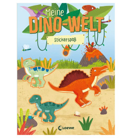Buntes Kinderbuchcover mit Dinosauriern, Vulkanen und Pflanzen. Deutscher Titel: "Meine Dino-Welt".