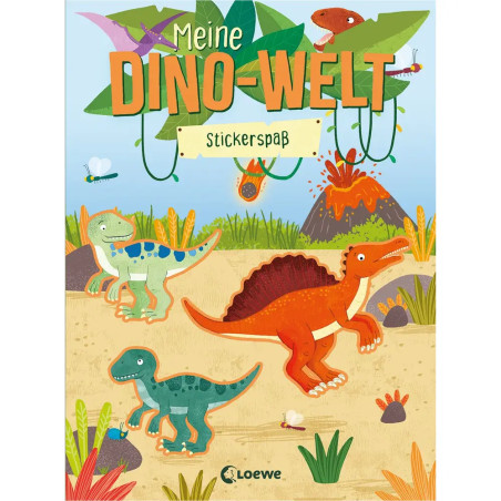 Buntes Kinderbuchcover mit Dinosauriern, Vulkanen und Pflanzen. Deutscher Titel: "Meine Dino-Welt".