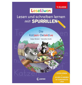 Buchcover mit Comic-Katzen, Häusern, Bäumen; deutscher Text zum Lesen- und Schreibenlernen für die 1. Klasse.