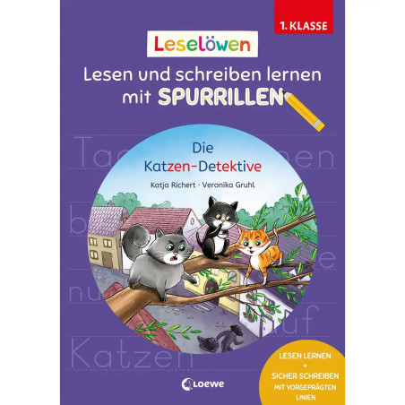 Buchcover mit Comic-Katzen, Häusern, Bäumen; deutscher Text zum Lesen- und Schreibenlernen für die 1. Klasse.