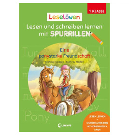 Buchcover: Comic-Mädchen auf Pony, weiteres Pony daneben, deutscher Text zum Lesen- und Schreibenlernen.