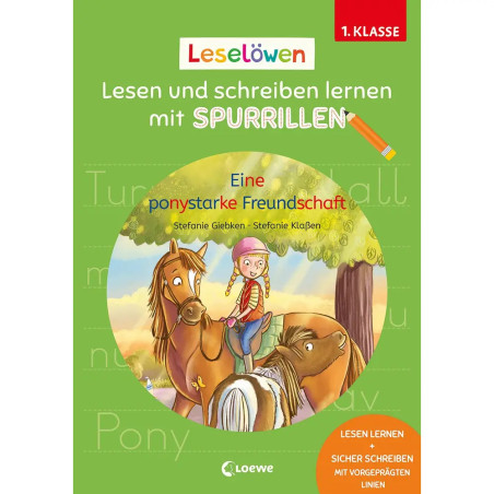 Buchcover: Comic-Mädchen auf Pony, weiteres Pony daneben, deutscher Text zum Lesen- und Schreibenlernen.