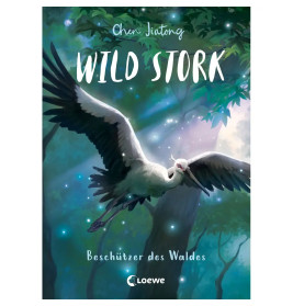 Ein Weißstorch fliegt durch einen sonnendurchfluteten, magischen Wald auf dem Cover von "Wild Stork" von Chen Jiatong.