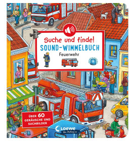 Farbiges Cover eines deutschen Feuerwehr-Soundbuchs mit belebter Straße und Einsatzfahrzeug.