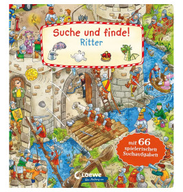 Buntes Wimmelbuch-Cover mit Rittern, Burg und mittelalterlichen Szenen; deutscher Text ist abgebildet.