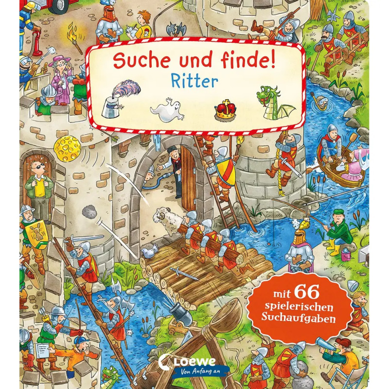 Buntes Wimmelbuch-Cover mit Rittern, Burg und mittelalterlichen Szenen; deutscher Text ist abgebildet.