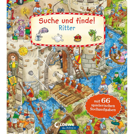 Buntes Wimmelbuch-Cover mit Rittern, Burg und mittelalterlichen Szenen; deutscher Text ist abgebildet.