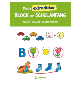 Buntes Arbeitsbuch Deutsch mit Buchstaben, Zahlen, Autos, Sonne, Blumen, Socken und Känguru auf dem Cover.