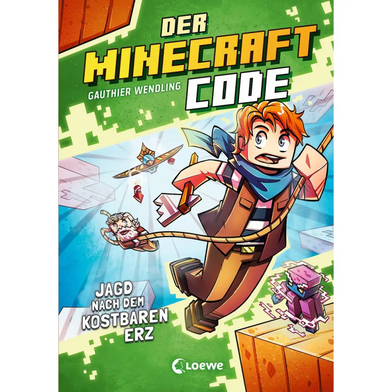 Comic-Titelbild von Der Minecraft Code mit laufender Figur, einem Schwein und grafischen Elementen im Minecraft-Stil.