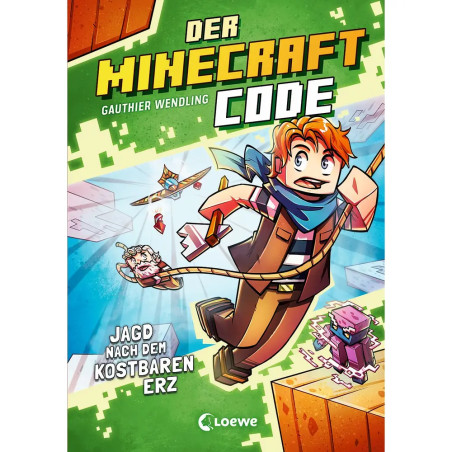 Comic-Titelbild von Der Minecraft Code mit laufender Figur, einem Schwein und grafischen Elementen im Minecraft-Stil.
