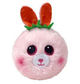 Rundes, pinkes Plüschtier mit großen dunklen Augen, rosa Wangen und zwei orangefarbenen Hasenohren.