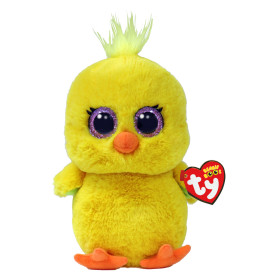Gelbes Plüschküken mit großen Glitzeraugen, orangefarbenem Schnabel, Füßen und rotem Ty Beanie Boos Schild.
