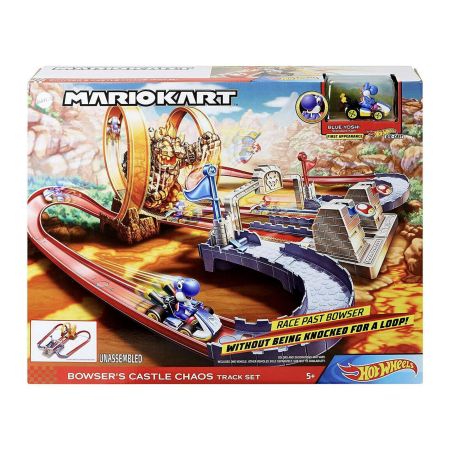 Hot Wheels Mario Kart Bowsers Castle Chaos Spielset mit Blue Yoshi und Bowser-Strecken auf der Verpackung.