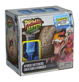 Primal Hatch Hybrid Hatchers Spielzeugbox mit Abbildung eines aufgerissenen Eis und brüllendem Dinosaurier.