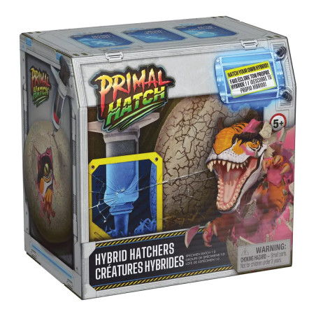Primal Hatch Hybrid Hatchers Spielzeugbox mit Abbildung eines aufgerissenen Eis und brüllendem Dinosaurier.