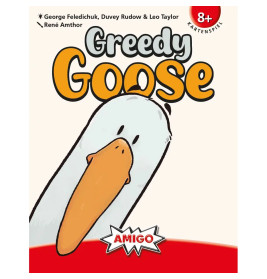 Eine Comic-Gans mit großem orangefarbenem Schnabel unter dem Titel Greedy Goose auf einer Kartenspielbox ab 8 Jahren.