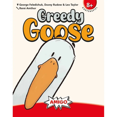 Eine Comic-Gans mit großem orangefarbenem Schnabel unter dem Titel Greedy Goose auf einer Kartenspielbox ab 8 Jahren.