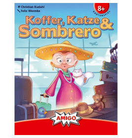 Eine Frau im pinken Kleid mit Hut und Brille hält eine Katze, umgeben von Koffern am Flughafen.