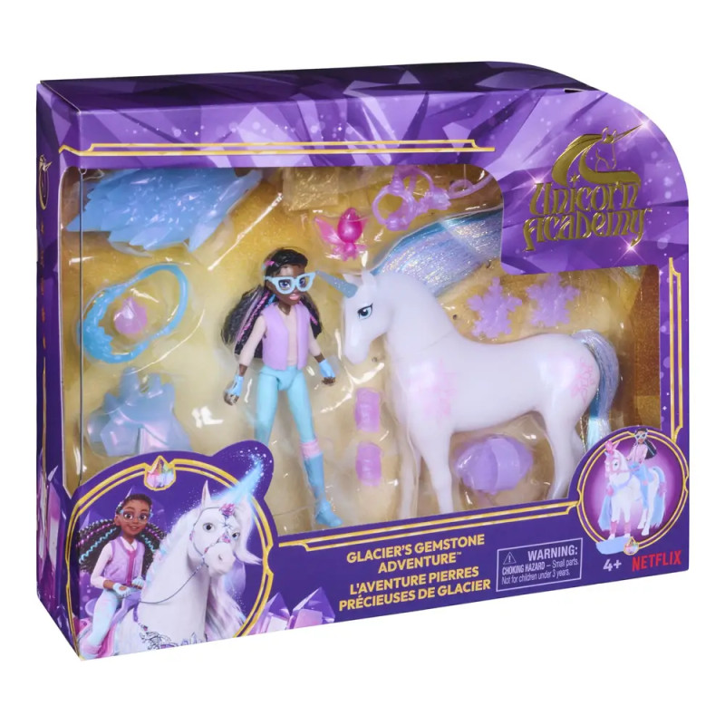 Unicorn Academy Spielset mit Puppe, weißem Einhorn und Zubehör in einer lila-gelben Verpackung.