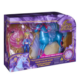 Unicorn Academy Spielset mit Puppe, blauem Einhorn und Zubehör in einer lila-goldenen Verpackung.