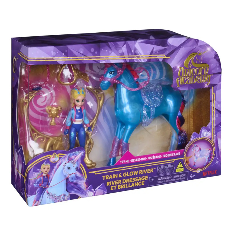 Unicorn Academy Spielset mit Puppe, blauem Einhorn und Zubehör in einer lila-goldenen Verpackung.