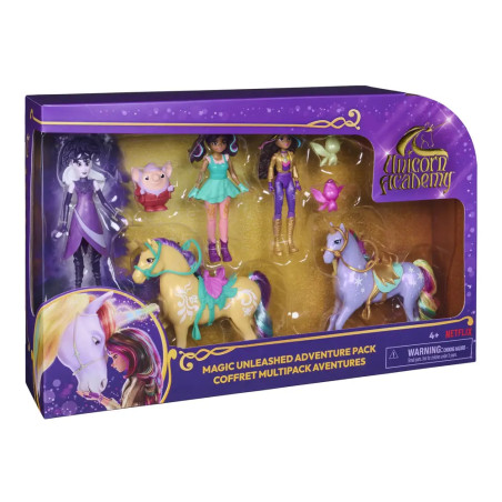 Unicorn Academy Magic Unleashed Adventure Pack: Spielset mit Puppen, Einhörnern und Zubehör in lila Box.