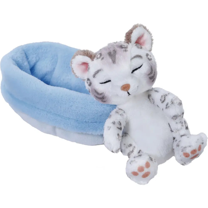 Weißer Plüsch-Tiger mit geschlossenen Augen lehnt an einem weichen, blauen Bett.