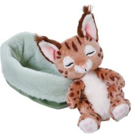 Ein Plüschluchs mit geschlossenen Augen sitzt neben einem weichen, hellgrünen Haustierbett.