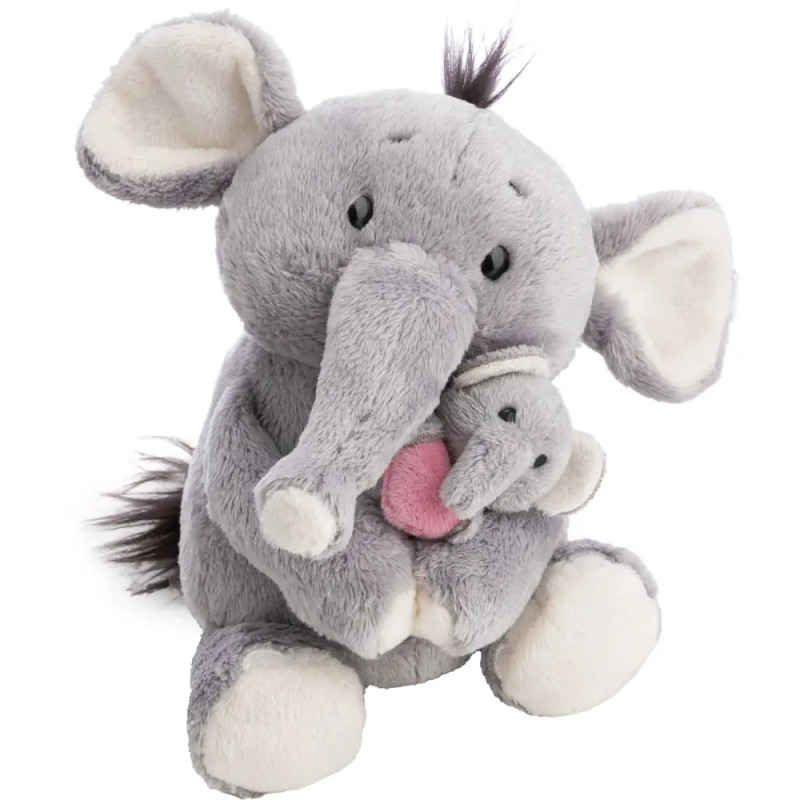 Ein grauer Plüschelefant hält ein kleines Baby-Plüschtier mit einem rosa Herz.