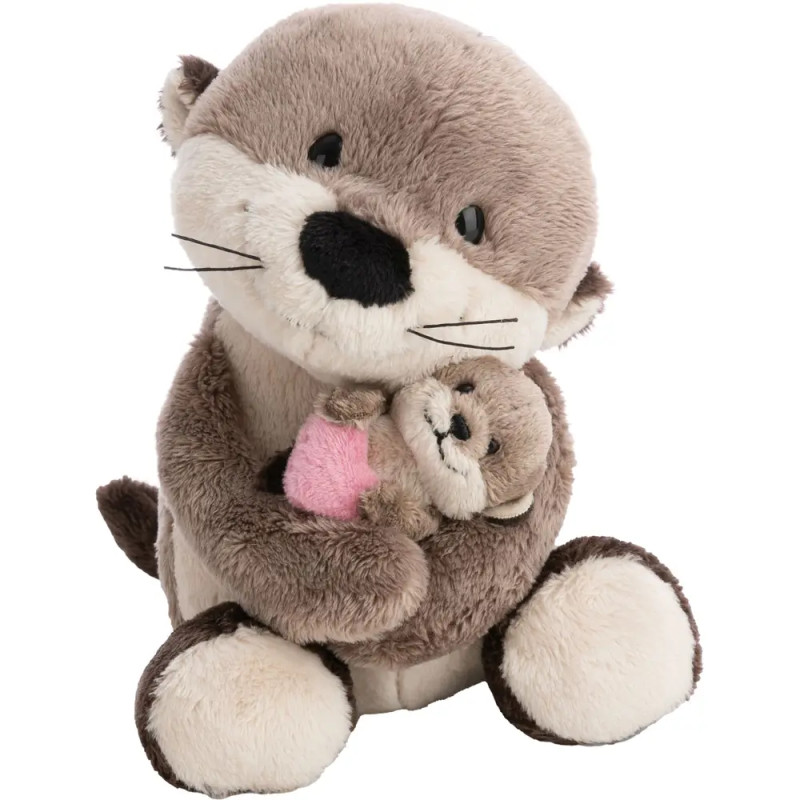 Plüschotter umarmt kleineren Otter mit rosa Herz, beide wirken weich und kuschelig.