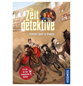 Cover von Die Zeitdetektive: Falsches Spiel in Olympia mit Wagenrennen und vier Jugendlichen darüber.