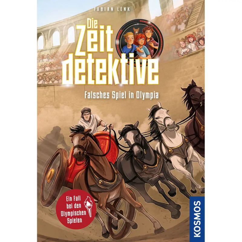 Cover von Die Zeitdetektive: Falsches Spiel in Olympia mit Wagenrennen und vier Jugendlichen darüber.