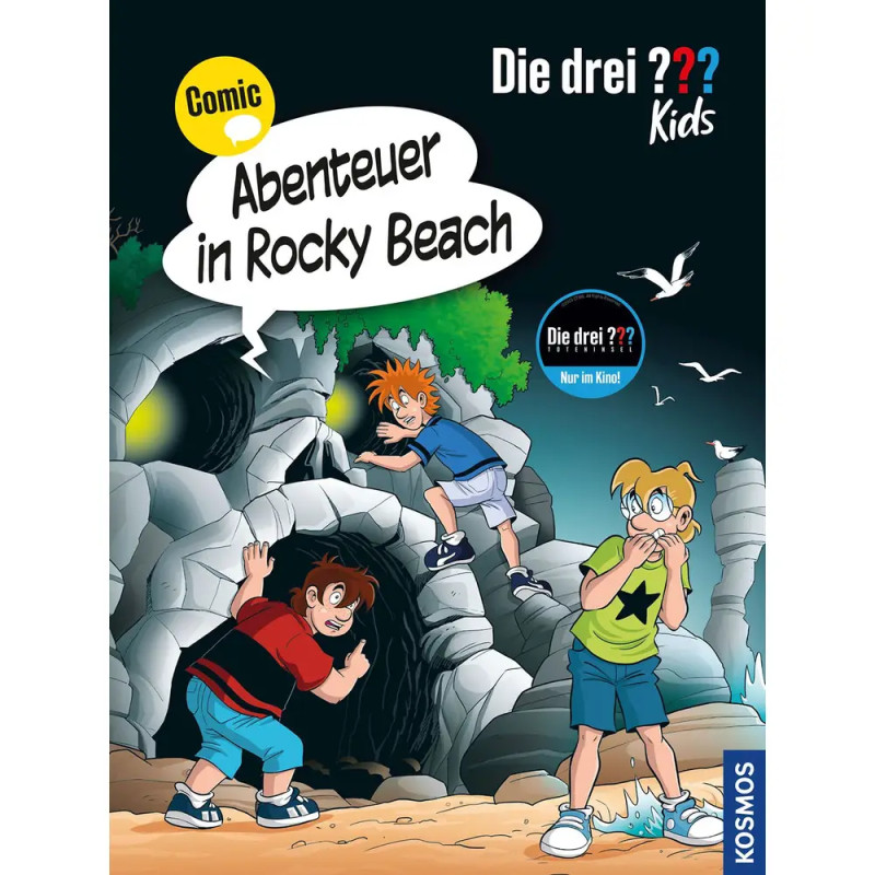 Drei animierte Kinder erkunden nachts mit überraschten Gesichtern eine Felsenhöhle Comicbuch-Cover.