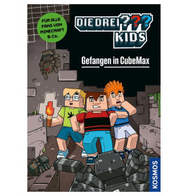 Drei Minecraft-Kinder stehen mit einer Fackel in einer dunklen Höhle, umgeben von einem Roboter und Blöcken.