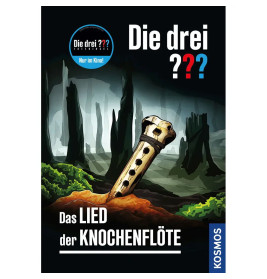 Eine Knochenflöte steht aufrecht in felsigem Gelände, im Hintergrund sind unheimliche Höhlen zu sehen.