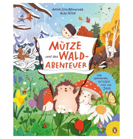 Buntes Buchcover mit Waldtieren um ein Schild, auf dem "Mütze und das Wald-Abenteuer" steht.