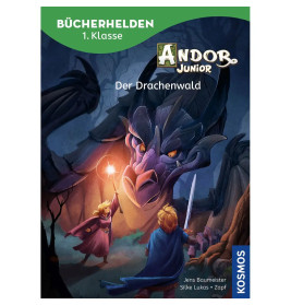 Zwei Kinder stehen auf dem Cover von Andor Junior: Der Drachenwald einem großen Drachen im dunklen Wald gegenüber.