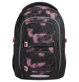 Schwarzer Rucksack mit pinken Akzenten, weißen Reißverschlüssen und gepunktetem pinkem Camouflage-Muster vorne.