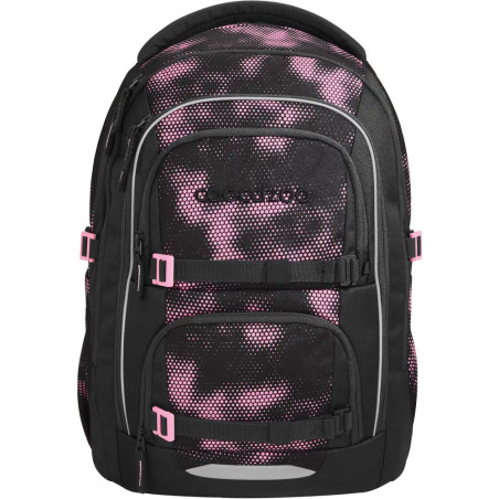 Schwarzer Rucksack mit pinken Akzenten, weißen Reißverschlüssen und gepunktetem pinkem Camouflage-Muster vorne.