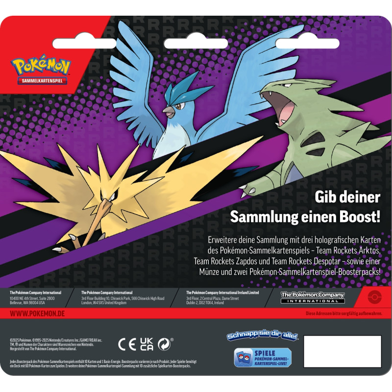 Articuno, Zapdos und Tyranitar sind auf Pokémon-Kartenverpackung mit deutscher Werbung abgebildet.